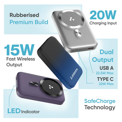 Ambrane Aerosync Snap - 10000mAh Magsafe Wireless Power Bank for iPhone